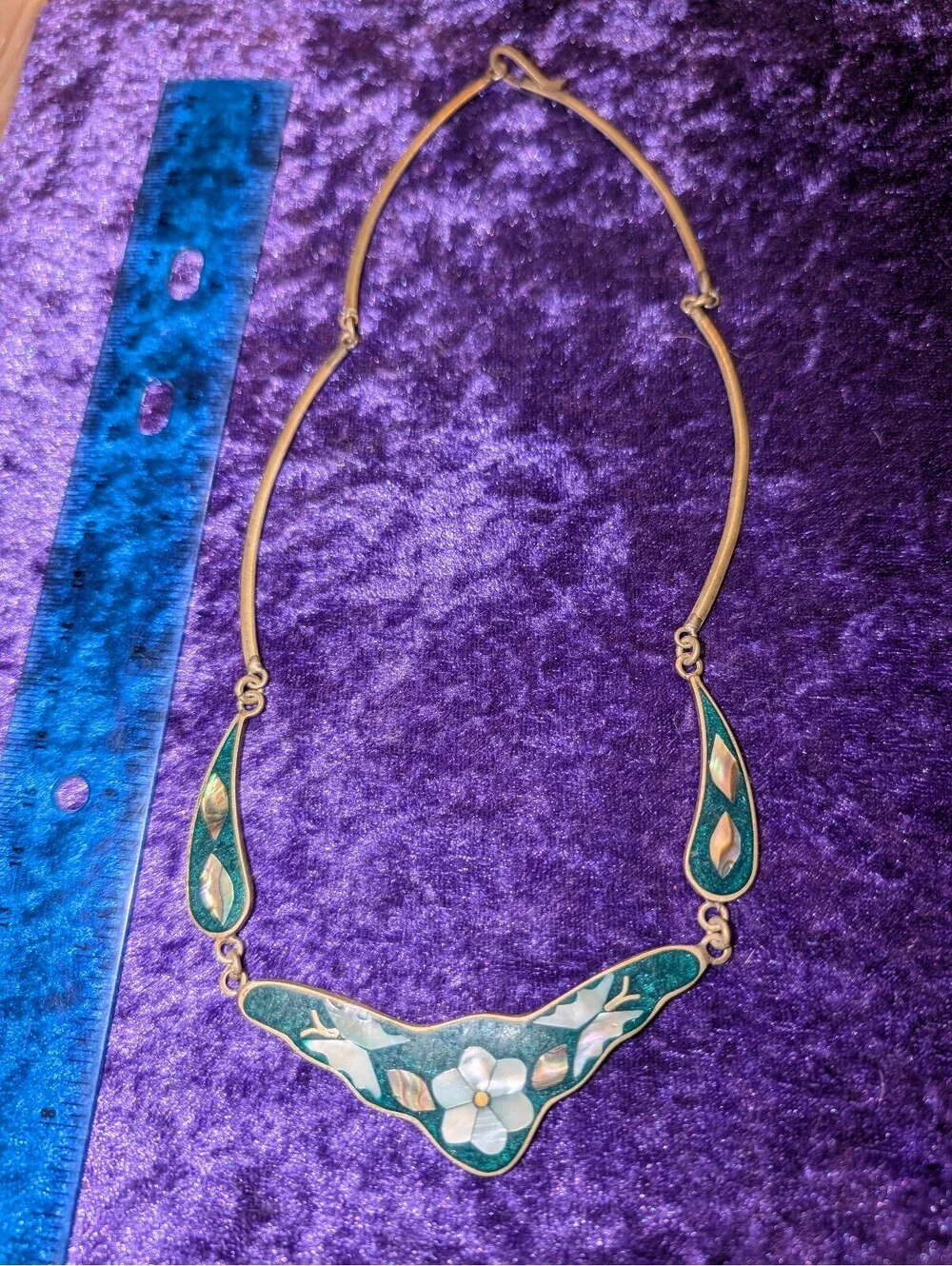 Vintage Alpaca Mexican Silver Inlaid Necklace with Turquoise and Mother of Pearl